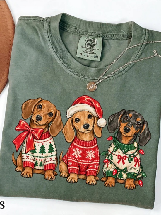 Comfort Colors Tops - Comfort Colors Moss Green Tee with Festive Dachshund Graphic